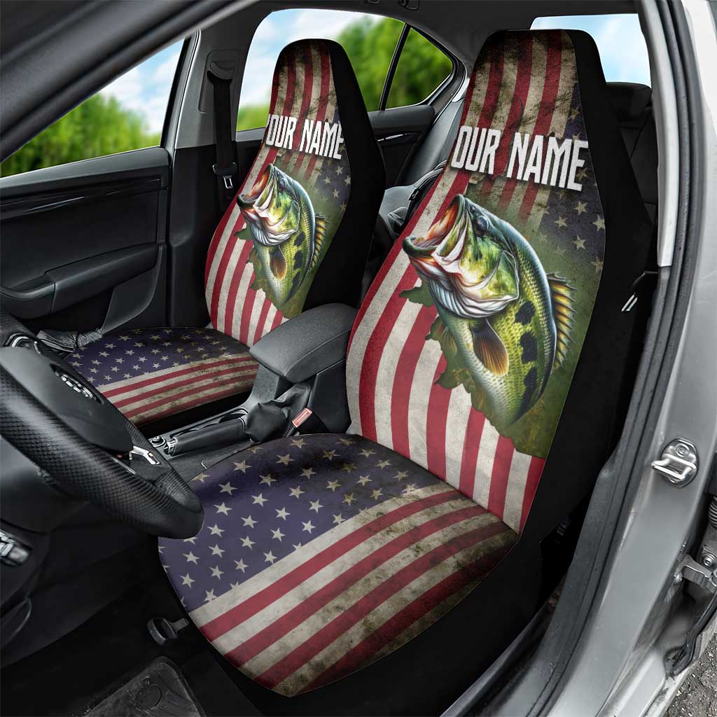 American Flag Largemouth Bass Fishing Car Seat Cover Jumping Fish Graphic and Custom Name Design - Wonder Print Shop