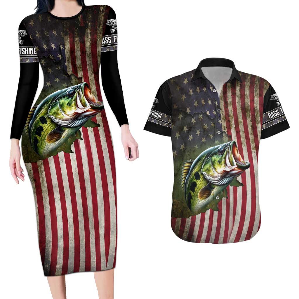 American Flag Largemouth Bass Fishing Couples Matching Long Sleeve Bodycon Dress and Hawaiian Shirt Jumping Fish Graphic and Custom Name Design - Wonder Print Shop