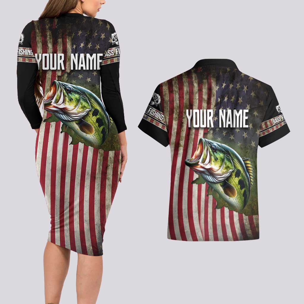 American Flag Largemouth Bass Fishing Couples Matching Long Sleeve Bodycon Dress and Hawaiian Shirt Jumping Fish Graphic and Custom Name Design - Wonder Print Shop