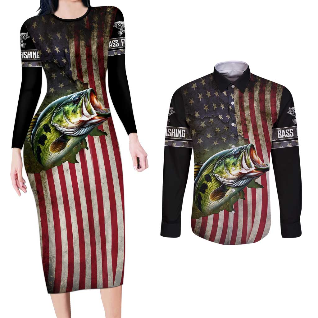 American Flag Largemouth Bass Fishing Couples Matching Long Sleeve Bodycon Dress and Long Sleeve Button Shirt Jumping Fish Graphic and Custom Name Design - Wonder Print Shop