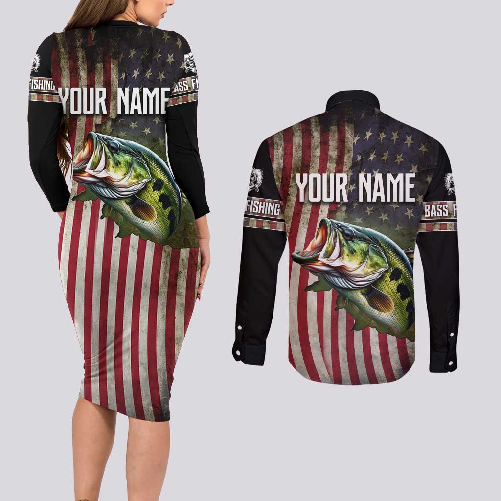 American Flag Largemouth Bass Fishing Couples Matching Long Sleeve Bodycon Dress and Long Sleeve Button Shirt Jumping Fish Graphic and Custom Name Design - Wonder Print Shop