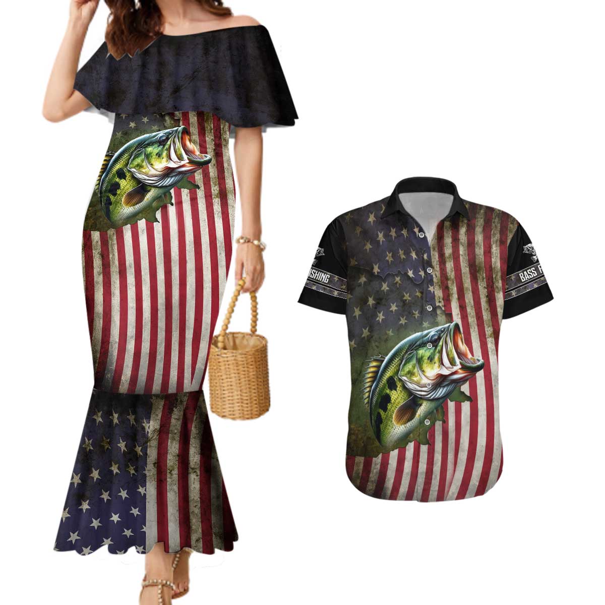 American Flag Largemouth Bass Fishing Couples Matching Mermaid Dress and Hawaiian Shirt Jumping Fish Graphic and Custom Name Design - Wonder Print Shop