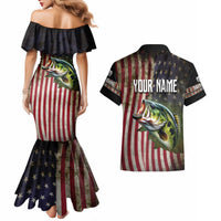 American Flag Largemouth Bass Fishing Couples Matching Mermaid Dress and Hawaiian Shirt Jumping Fish Graphic and Custom Name Design - Wonder Print Shop