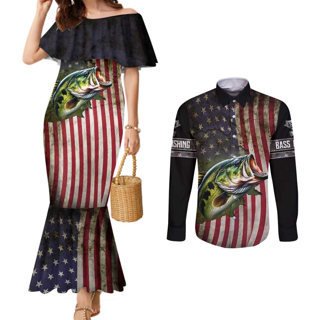 American Flag Largemouth Bass Fishing Couples Matching Mermaid Dress and Long Sleeve Button Shirt Jumping Fish Graphic and Custom Name Design - Wonder Print Shop