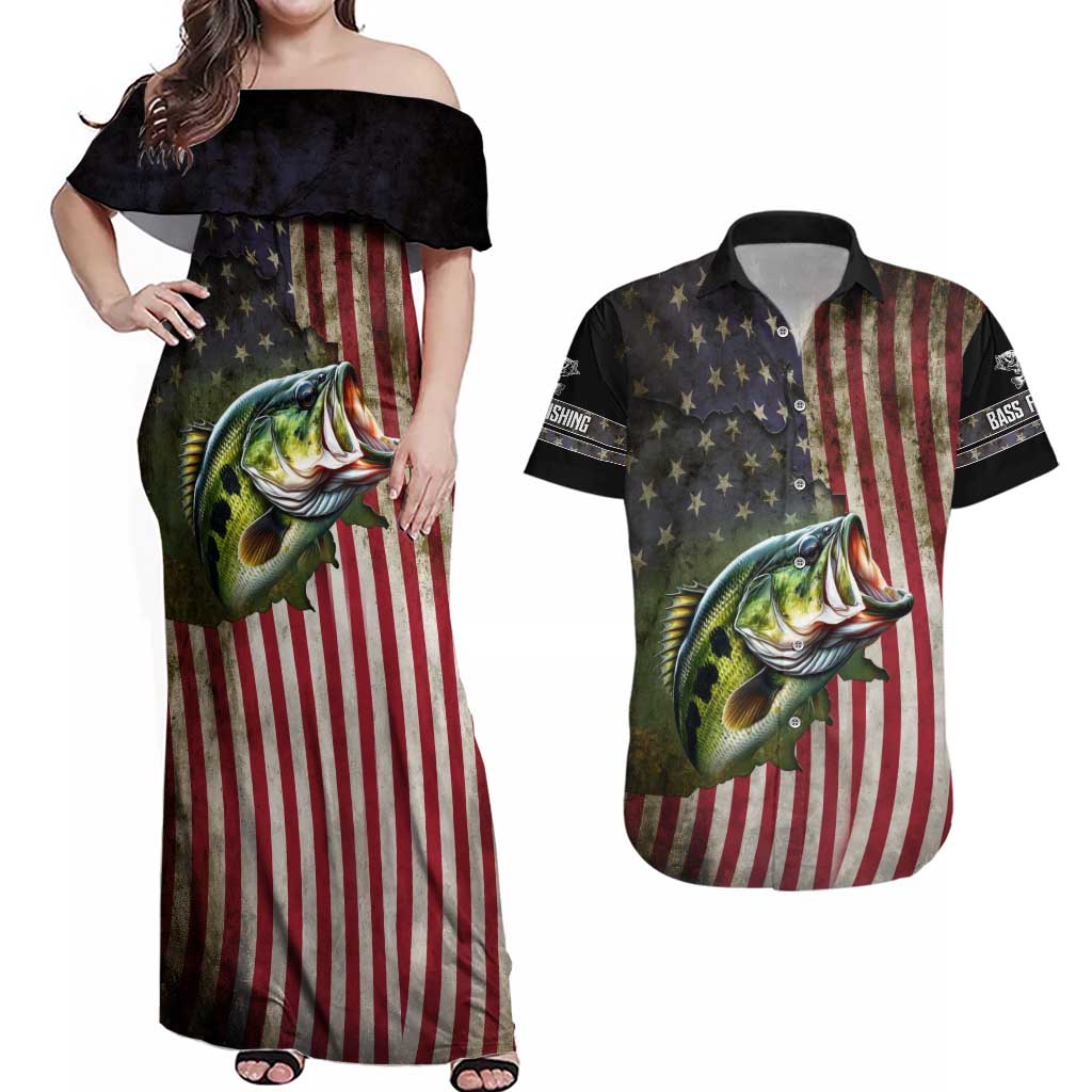 American Flag Largemouth Bass Fishing Couples Matching Off Shoulder Maxi Dress and Hawaiian Shirt Jumping Fish Graphic and Custom Name Design - Wonder Print Shop