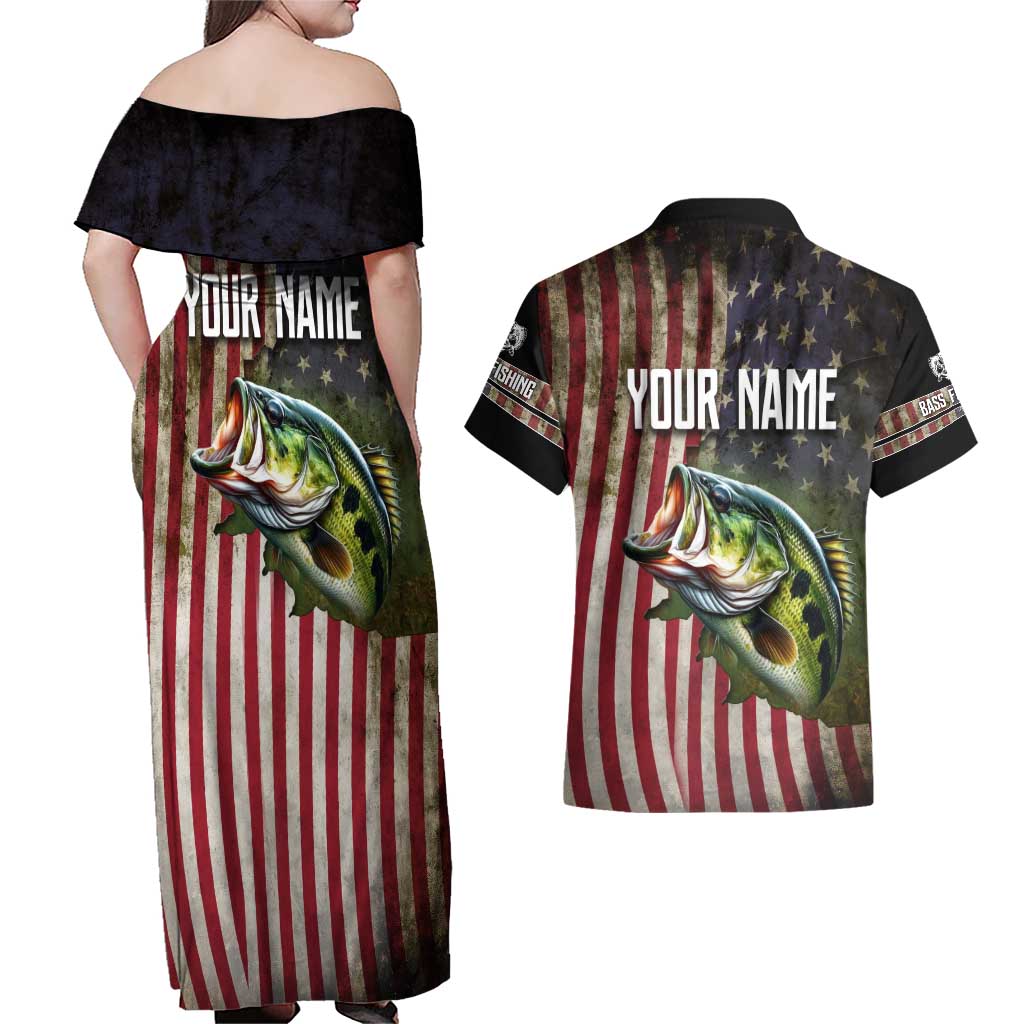 American Flag Largemouth Bass Fishing Couples Matching Off Shoulder Maxi Dress and Hawaiian Shirt Jumping Fish Graphic and Custom Name Design - Wonder Print Shop