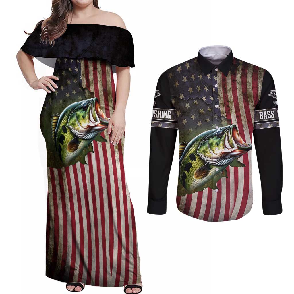 American Flag Largemouth Bass Fishing Couples Matching Off Shoulder Maxi Dress and Long Sleeve Button Shirt Jumping Fish Graphic and Custom Name Design - Wonder Print Shop