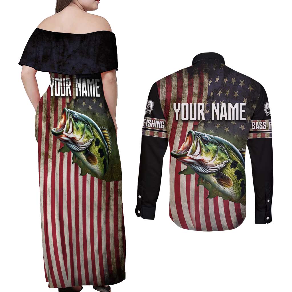 American Flag Largemouth Bass Fishing Couples Matching Off Shoulder Maxi Dress and Long Sleeve Button Shirt Jumping Fish Graphic and Custom Name Design - Wonder Print Shop