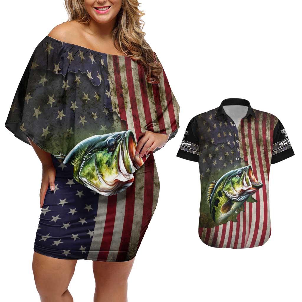American Flag Largemouth Bass Fishing Couples Matching Off Shoulder Short Dress and Hawaiian Shirt Jumping Fish Graphic and Custom Name Design - Wonder Print Shop