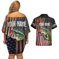 American Flag Largemouth Bass Fishing Couples Matching Off Shoulder Short Dress and Hawaiian Shirt Jumping Fish Graphic and Custom Name Design - Wonder Print Shop