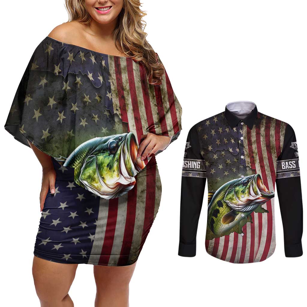 American Flag Largemouth Bass Fishing Couples Matching Off Shoulder Short Dress and Long Sleeve Button Shirt Jumping Fish Graphic and Custom Name Design - Wonder Print Shop