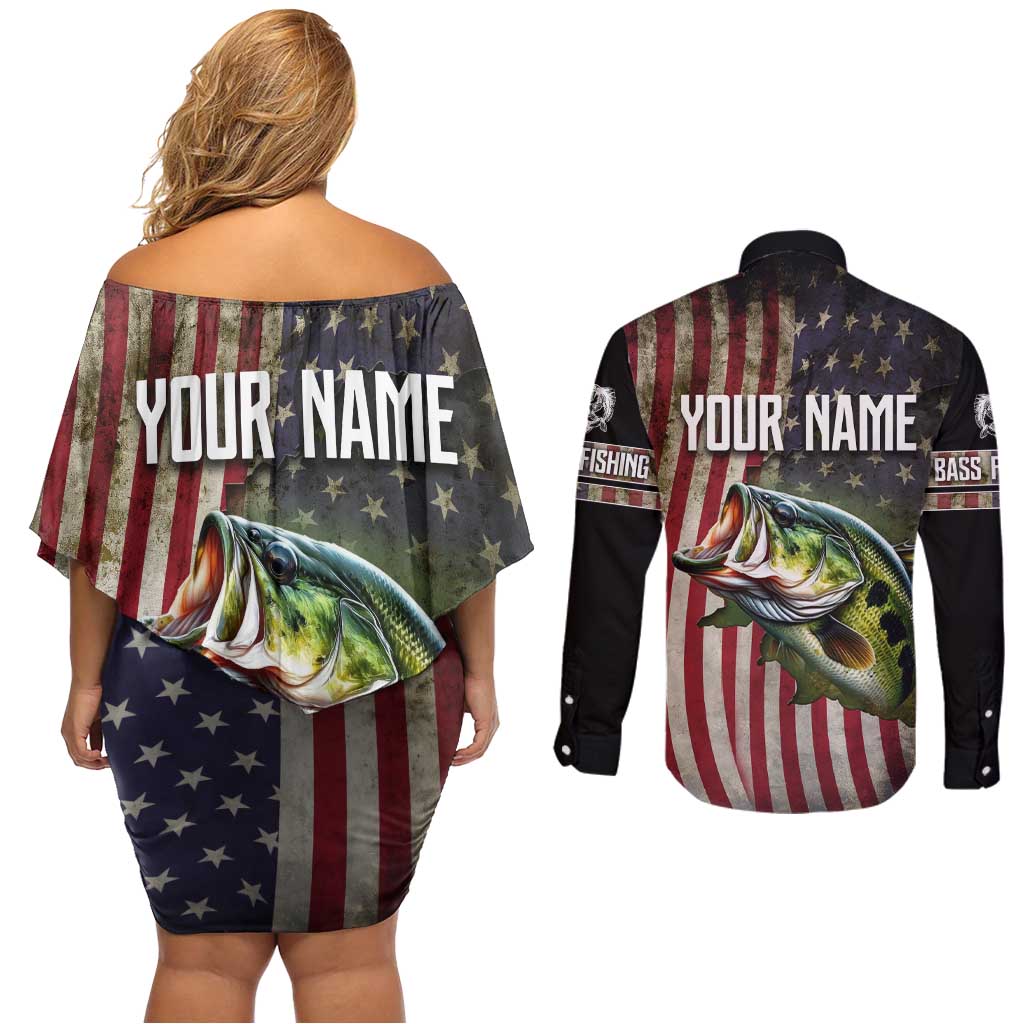 American Flag Largemouth Bass Fishing Couples Matching Off Shoulder Short Dress and Long Sleeve Button Shirt Jumping Fish Graphic and Custom Name Design - Wonder Print Shop