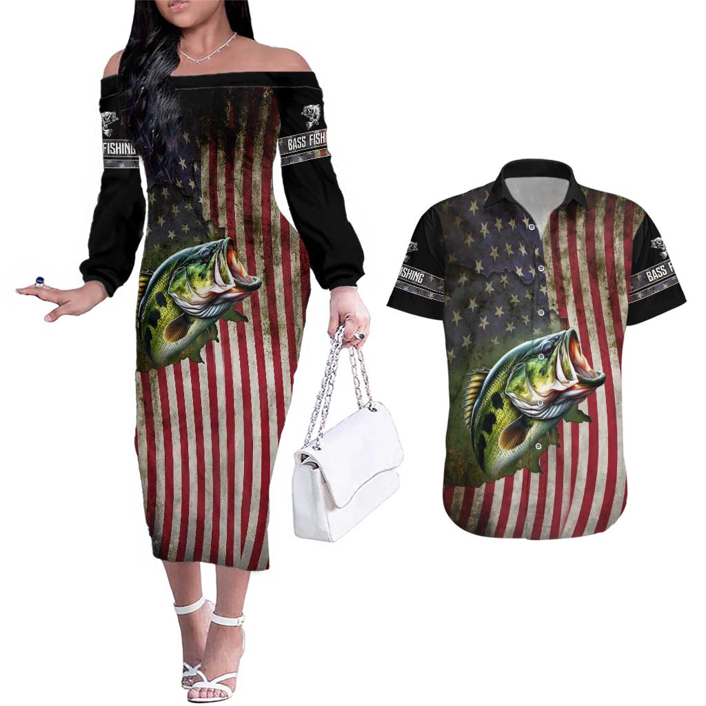 American Flag Largemouth Bass Fishing Couples Matching Off The Shoulder Long Sleeve Dress and Hawaiian Shirt Jumping Fish Graphic and Custom Name Design - Wonder Print Shop