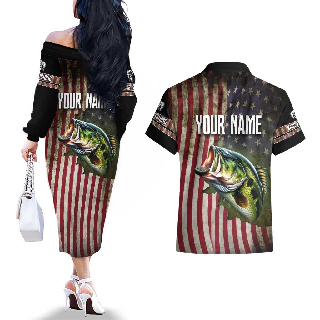 American Flag Largemouth Bass Fishing Couples Matching Off The Shoulder Long Sleeve Dress and Hawaiian Shirt Jumping Fish Graphic and Custom Name Design - Wonder Print Shop