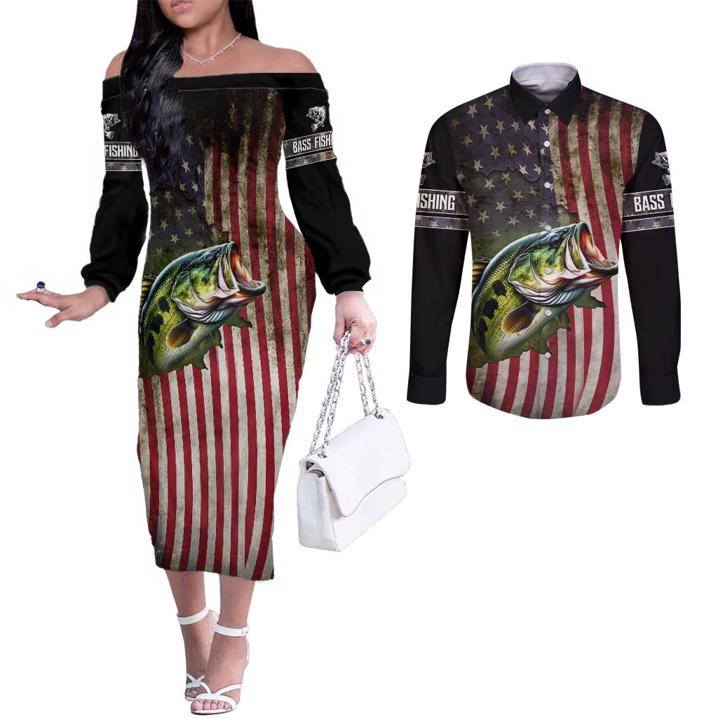 American Flag Largemouth Bass Fishing Couples Matching Off The Shoulder Long Sleeve Dress and Long Sleeve Button Shirt Jumping Fish Graphic and Custom Name Design - Wonder Print Shop