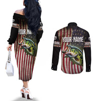 American Flag Largemouth Bass Fishing Couples Matching Off The Shoulder Long Sleeve Dress and Long Sleeve Button Shirt Jumping Fish Graphic and Custom Name Design - Wonder Print Shop