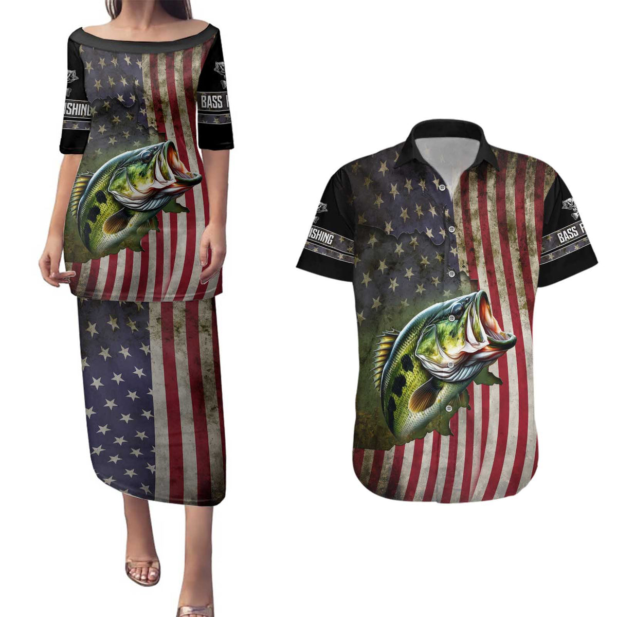 American Flag Largemouth Bass Fishing Couples Matching Puletasi and Hawaiian Shirt Jumping Fish Graphic and Custom Name Design - Wonder Print Shop