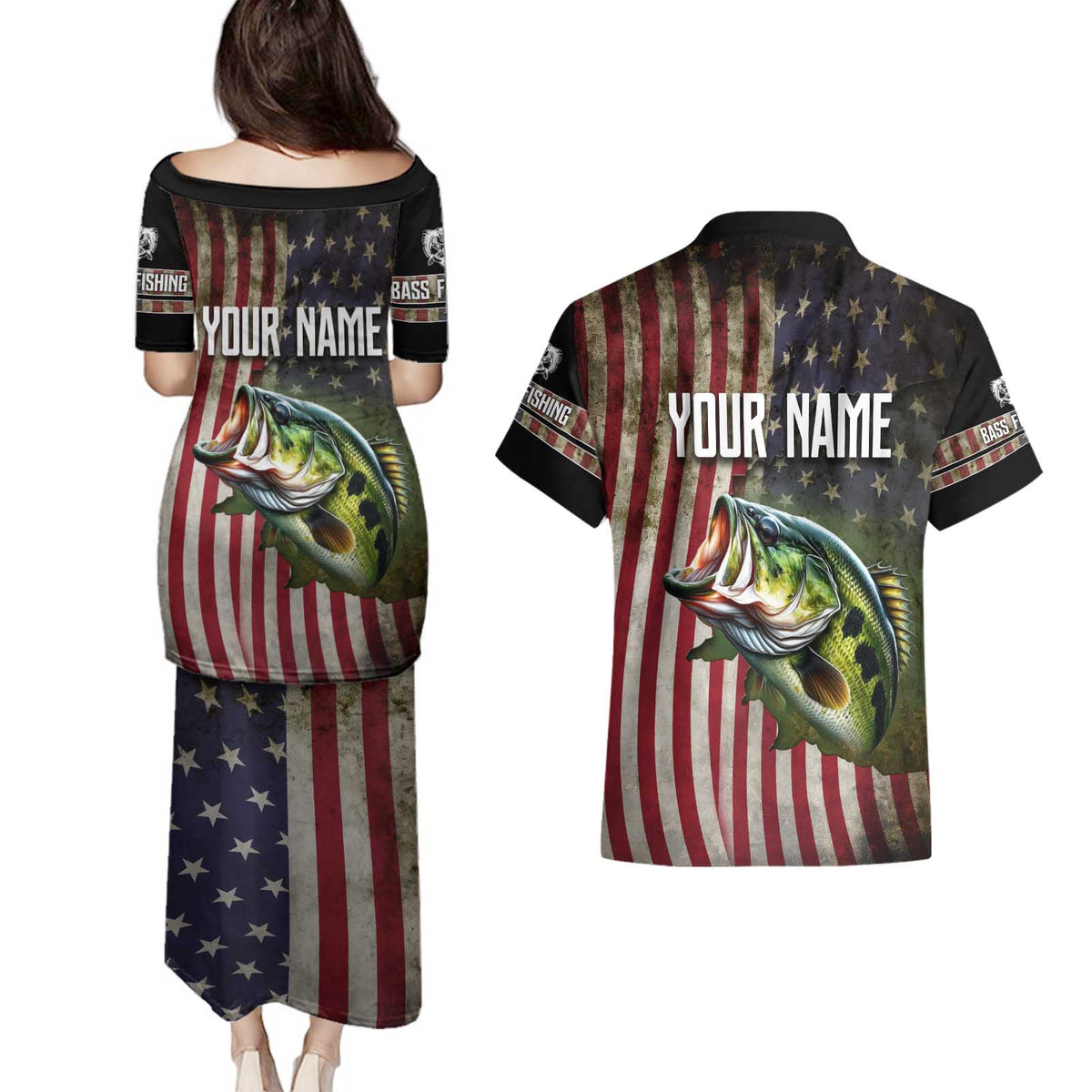 American Flag Largemouth Bass Fishing Couples Matching Puletasi and Hawaiian Shirt Jumping Fish Graphic and Custom Name Design - Wonder Print Shop