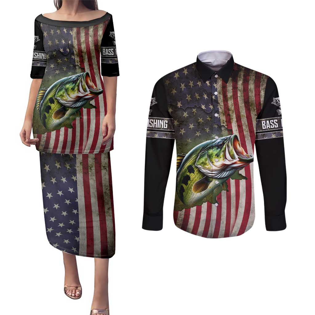 American Flag Largemouth Bass Fishing Couples Matching Puletasi and Long Sleeve Button Shirt Jumping Fish Graphic and Custom Name Design - Wonder Print Shop