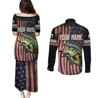 American Flag Largemouth Bass Fishing Couples Matching Puletasi and Long Sleeve Button Shirt Jumping Fish Graphic and Custom Name Design - Wonder Print Shop