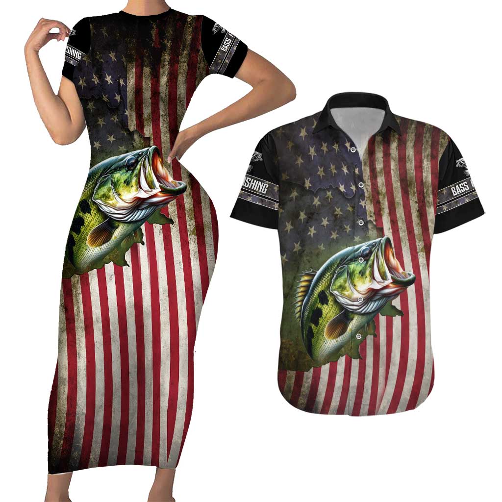 American Flag Largemouth Bass Fishing Couples Matching Short Sleeve Bodycon Dress and Hawaiian Shirt Jumping Fish Graphic and Custom Name Design - Wonder Print Shop