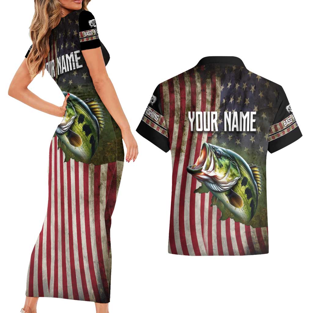 American Flag Largemouth Bass Fishing Couples Matching Short Sleeve Bodycon Dress and Hawaiian Shirt Jumping Fish Graphic and Custom Name Design - Wonder Print Shop