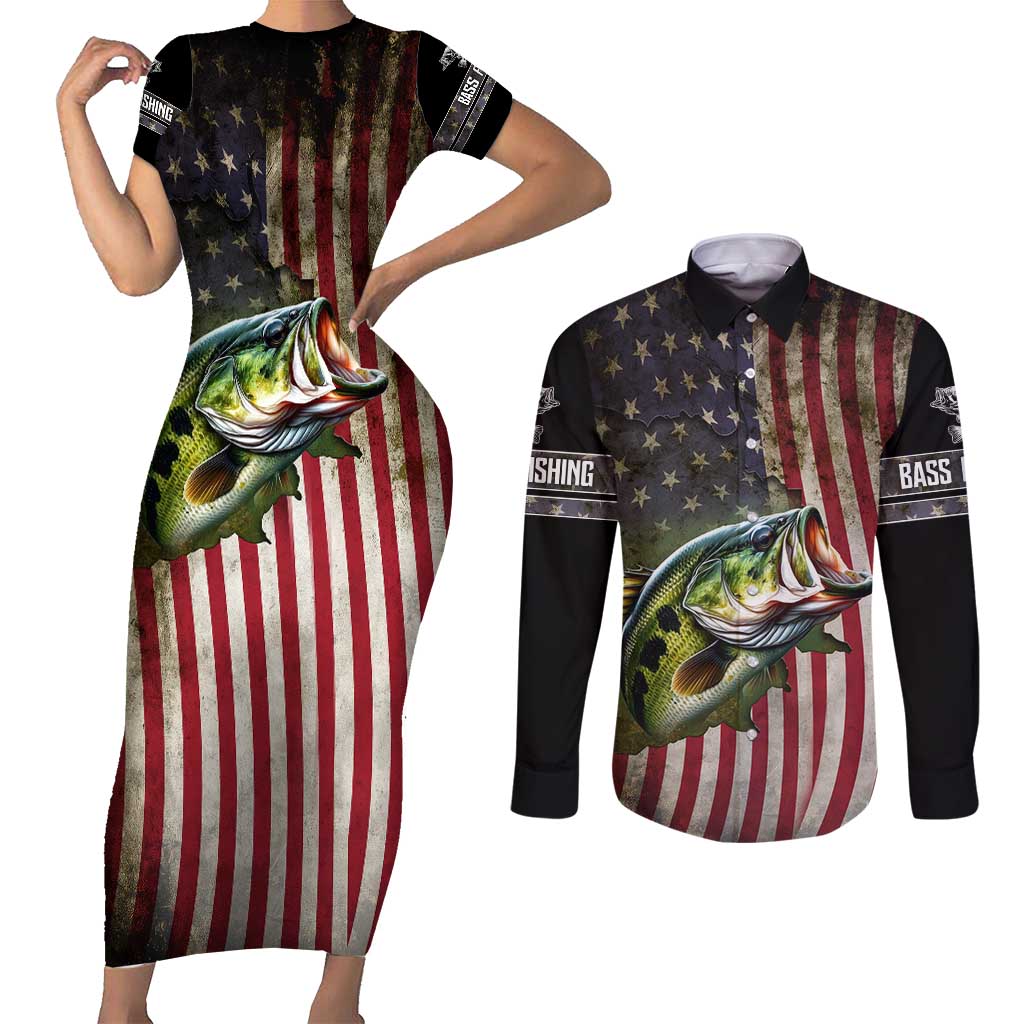 American Flag Largemouth Bass Fishing Couples Matching Short Sleeve Bodycon Dress and Long Sleeve Button Shirt Jumping Fish Graphic and Custom Name Design - Wonder Print Shop