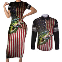 American Flag Largemouth Bass Fishing Couples Matching Short Sleeve Bodycon Dress and Long Sleeve Button Shirt Jumping Fish Graphic and Custom Name Design - Wonder Print Shop