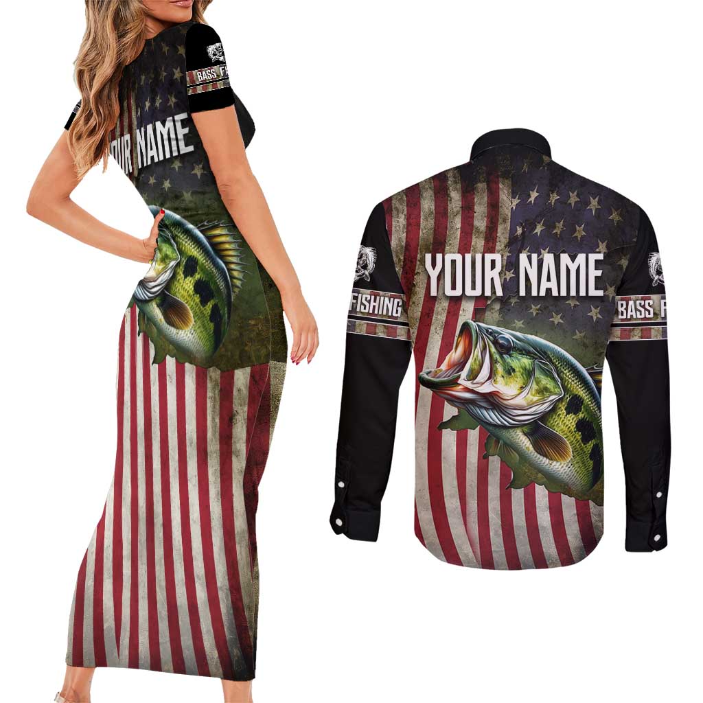 American Flag Largemouth Bass Fishing Couples Matching Short Sleeve Bodycon Dress and Long Sleeve Button Shirt Jumping Fish Graphic and Custom Name Design - Wonder Print Shop