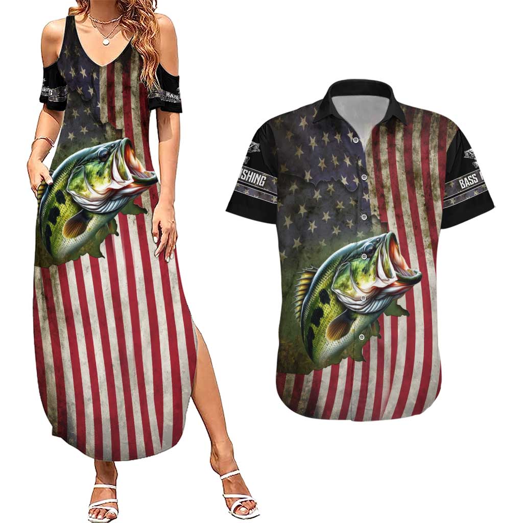 American Flag Largemouth Bass Fishing Couples Matching Summer Maxi Dress and Hawaiian Shirt Jumping Fish Graphic and Custom Name Design - Wonder Print Shop