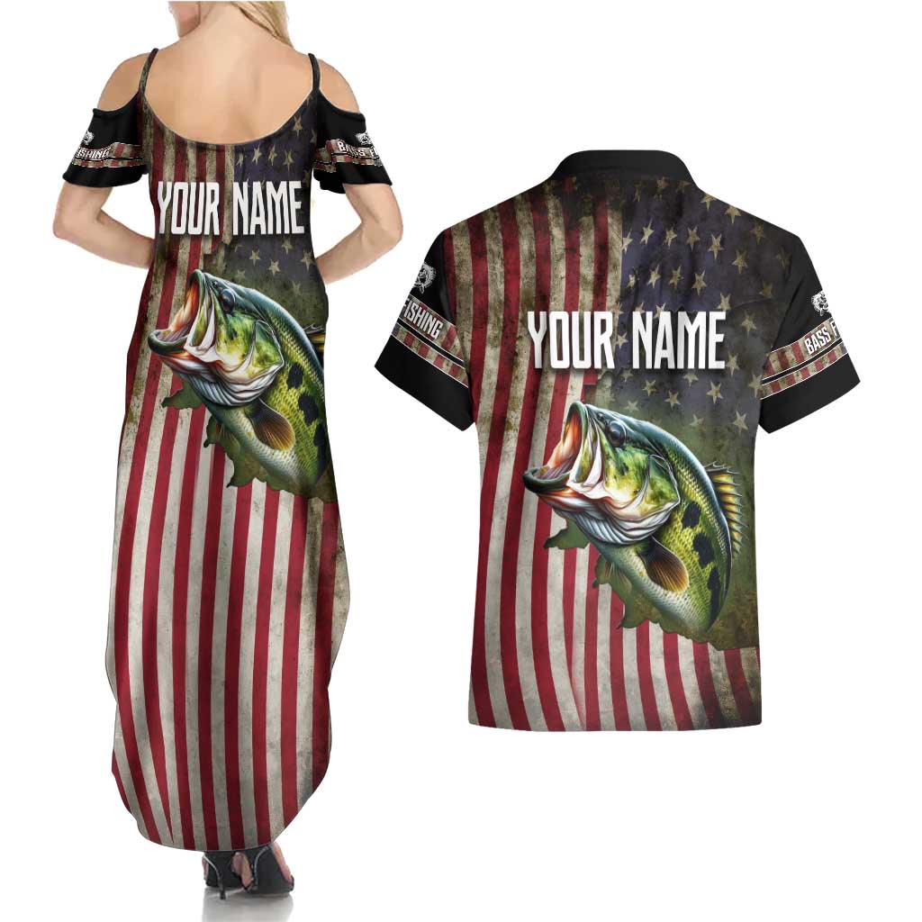 American Flag Largemouth Bass Fishing Couples Matching Summer Maxi Dress and Hawaiian Shirt Jumping Fish Graphic and Custom Name Design - Wonder Print Shop