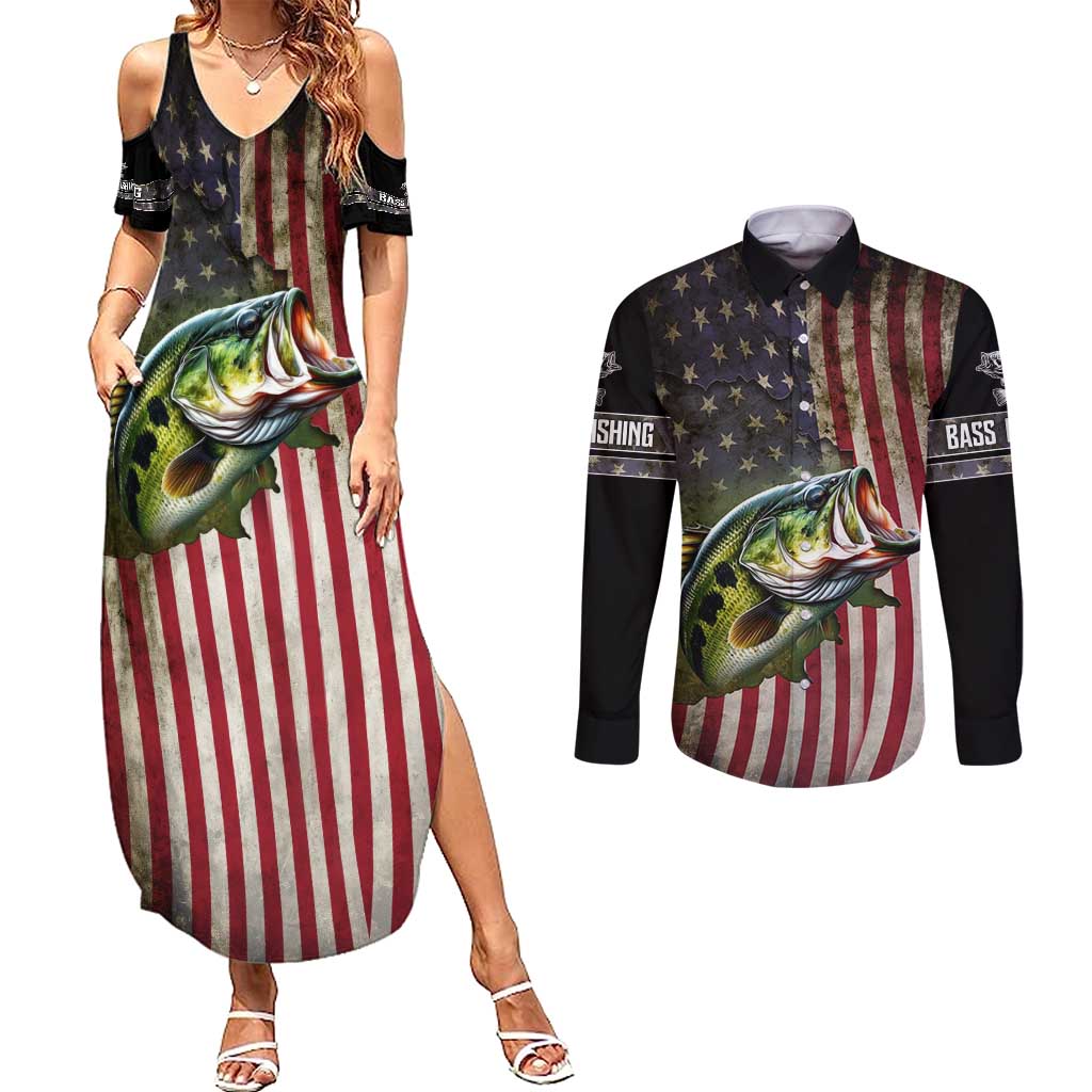 American Flag Largemouth Bass Fishing Couples Matching Summer Maxi Dress and Long Sleeve Button Shirt Jumping Fish Graphic and Custom Name Design - Wonder Print Shop