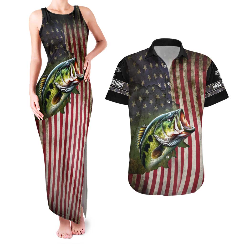 American Flag Largemouth Bass Fishing Couples Matching Tank Maxi Dress and Hawaiian Shirt Jumping Fish Graphic and Custom Name Design - Wonder Print Shop