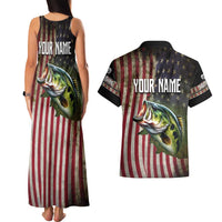 American Flag Largemouth Bass Fishing Couples Matching Tank Maxi Dress and Hawaiian Shirt Jumping Fish Graphic and Custom Name Design - Wonder Print Shop