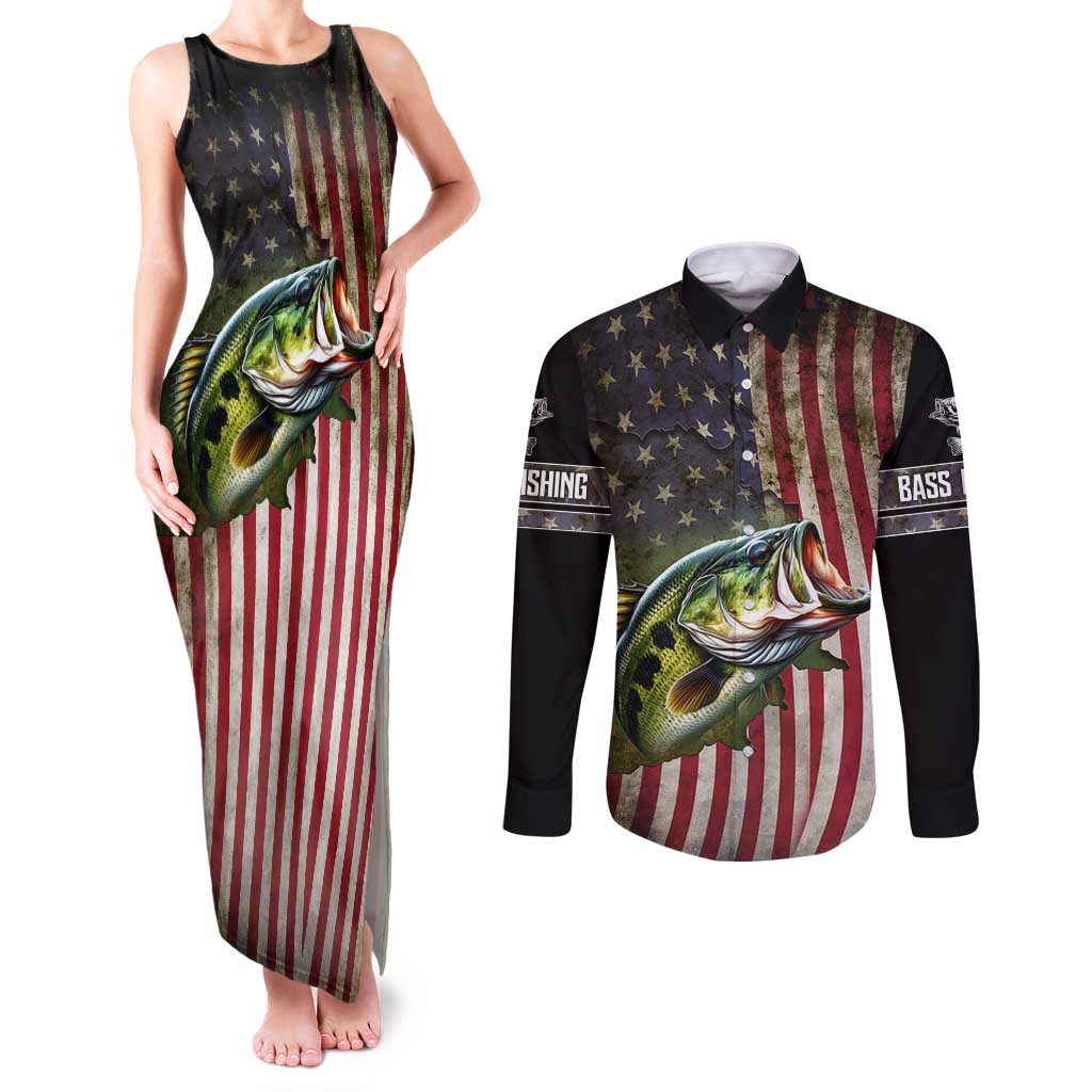 American Flag Largemouth Bass Fishing Couples Matching Tank Maxi Dress and Long Sleeve Button Shirt Jumping Fish Graphic and Custom Name Design - Wonder Print Shop