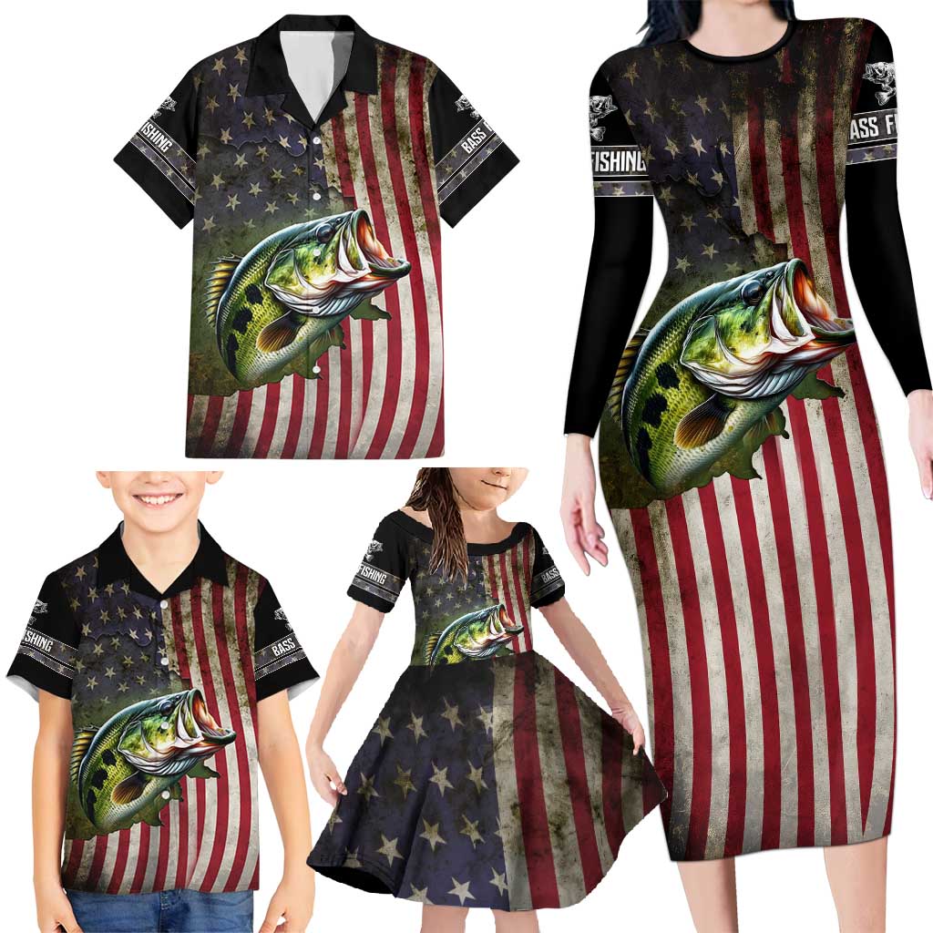 American Flag Largemouth Bass Fishing Family Matching Long Sleeve Bodycon Dress and Hawaiian Shirt Jumping Fish Graphic and Custom Name Design - Wonder Print Shop