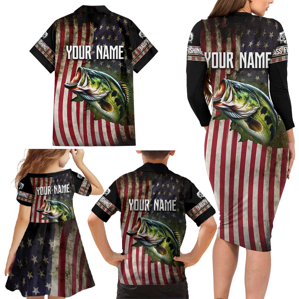 American Flag Largemouth Bass Fishing Family Matching Long Sleeve Bodycon Dress and Hawaiian Shirt Jumping Fish Graphic and Custom Name Design - Wonder Print Shop