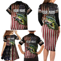 American Flag Largemouth Bass Fishing Family Matching Long Sleeve Bodycon Dress and Hawaiian Shirt Jumping Fish Graphic and Custom Name Design - Wonder Print Shop