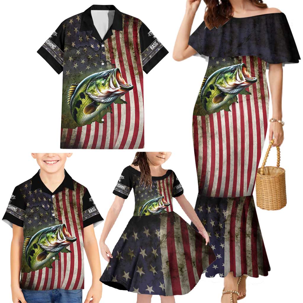 American Flag Largemouth Bass Fishing Family Matching Mermaid Dress and Hawaiian Shirt Jumping Fish Graphic and Custom Name Design - Wonder Print Shop