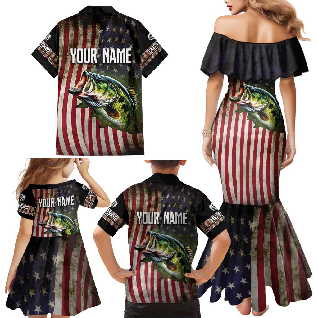 American Flag Largemouth Bass Fishing Family Matching Mermaid Dress and Hawaiian Shirt Jumping Fish Graphic and Custom Name Design - Wonder Print Shop