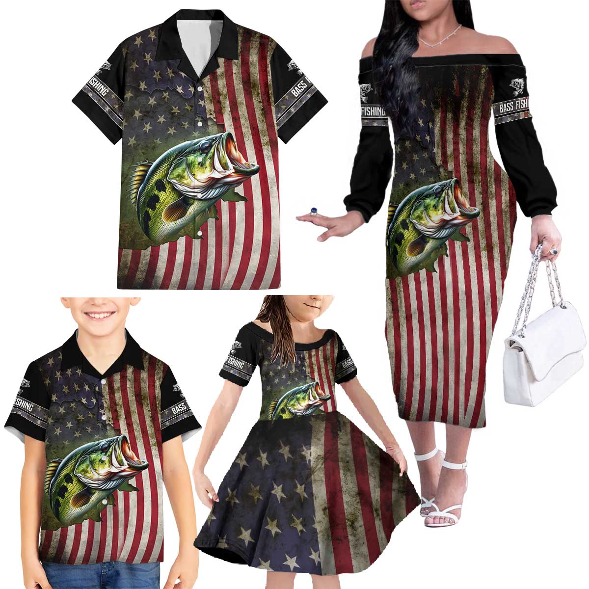 American Flag Largemouth Bass Fishing Family Matching Off The Shoulder Long Sleeve Dress and Hawaiian Shirt Jumping Fish Graphic and Custom Name Design - Wonder Print Shop
