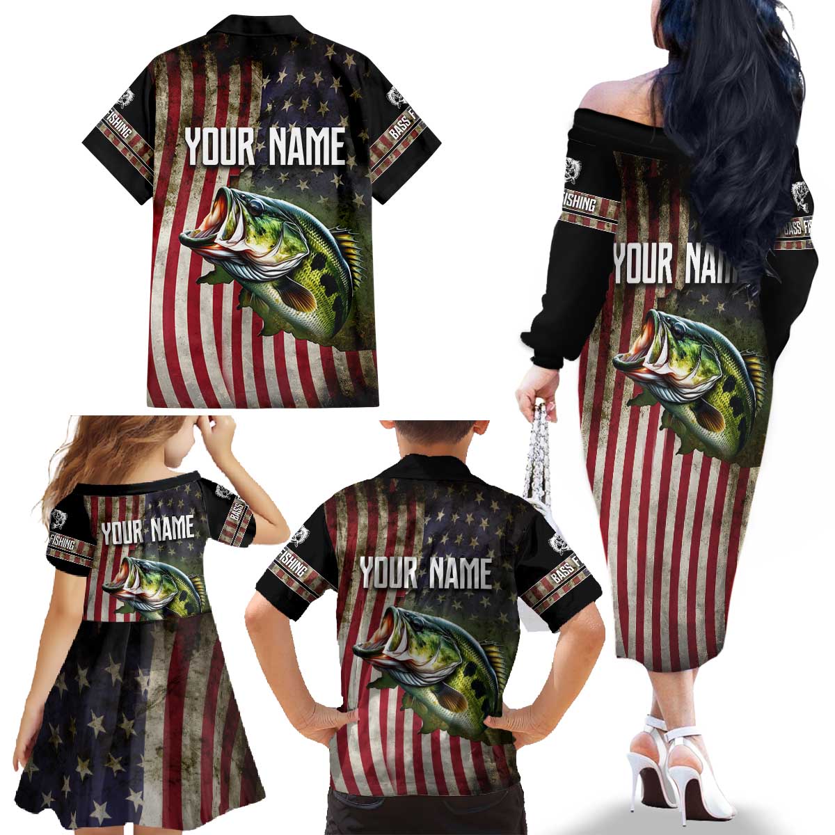 American Flag Largemouth Bass Fishing Family Matching Off The Shoulder Long Sleeve Dress and Hawaiian Shirt Jumping Fish Graphic and Custom Name Design - Wonder Print Shop