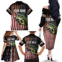 American Flag Largemouth Bass Fishing Family Matching Off The Shoulder Long Sleeve Dress and Hawaiian Shirt Jumping Fish Graphic and Custom Name Design - Wonder Print Shop