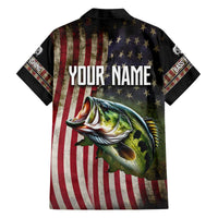 American Flag Largemouth Bass Fishing Family Matching Off The Shoulder Long Sleeve Dress and Hawaiian Shirt Jumping Fish Graphic and Custom Name Design - Wonder Print Shop