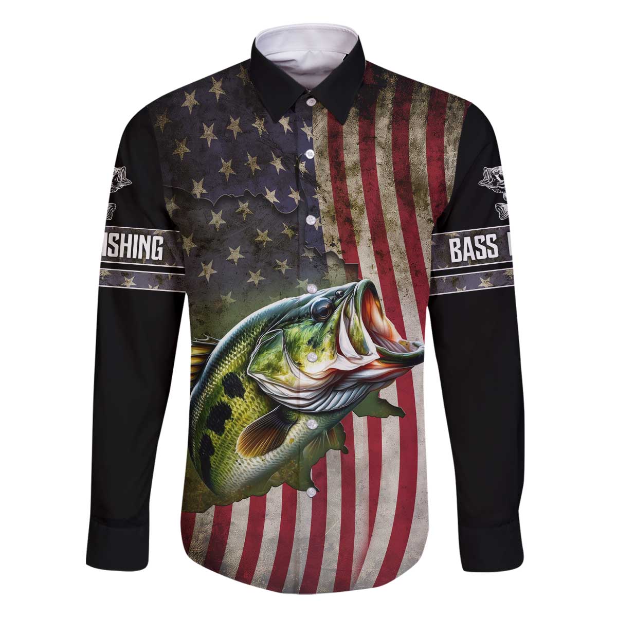 American Flag Largemouth Bass Fishing Family Matching Off The Shoulder Long Sleeve Dress and Hawaiian Shirt Jumping Fish Graphic and Custom Name Design - Wonder Print Shop