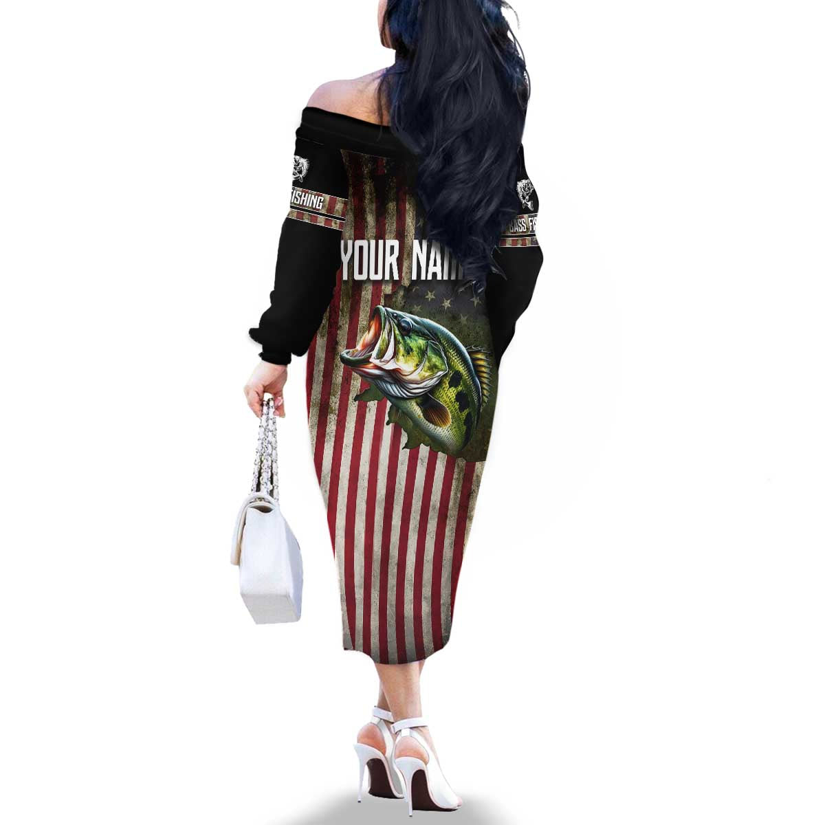American Flag Largemouth Bass Fishing Family Matching Off The Shoulder Long Sleeve Dress and Hawaiian Shirt Jumping Fish Graphic and Custom Name Design - Wonder Print Shop