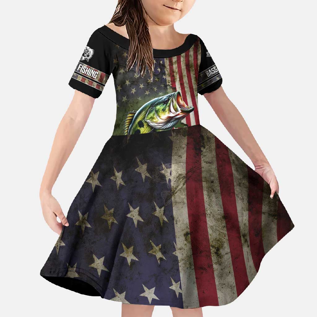 American Flag Largemouth Bass Fishing Family Matching Off Shoulder Maxi Dress and Hawaiian Shirt Jumping Fish Graphic and Custom Name Design - Wonder Print Shop