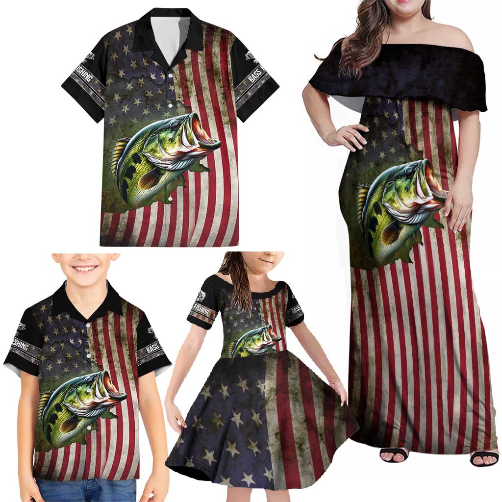 American Flag Largemouth Bass Fishing Family Matching Off Shoulder Maxi Dress and Hawaiian Shirt Jumping Fish Graphic and Custom Name Design - Wonder Print Shop