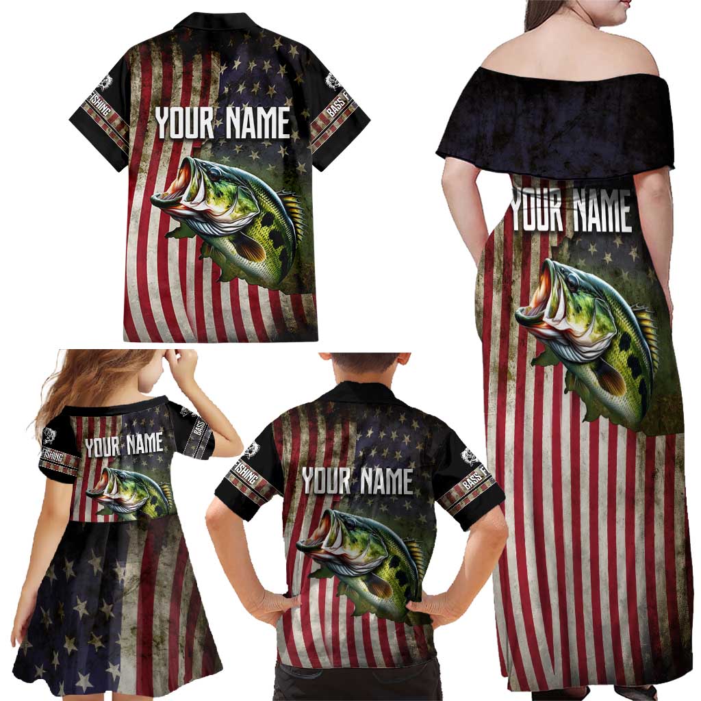 American Flag Largemouth Bass Fishing Family Matching Off Shoulder Maxi Dress and Hawaiian Shirt Jumping Fish Graphic and Custom Name Design - Wonder Print Shop