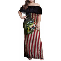 American Flag Largemouth Bass Fishing Family Matching Off Shoulder Maxi Dress and Hawaiian Shirt Jumping Fish Graphic and Custom Name Design - Wonder Print Shop